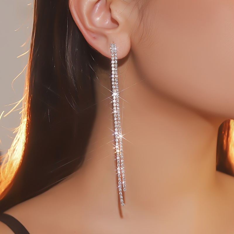 Korean Style Long Rhinestone Tassel Earrings, Fashion Accessory